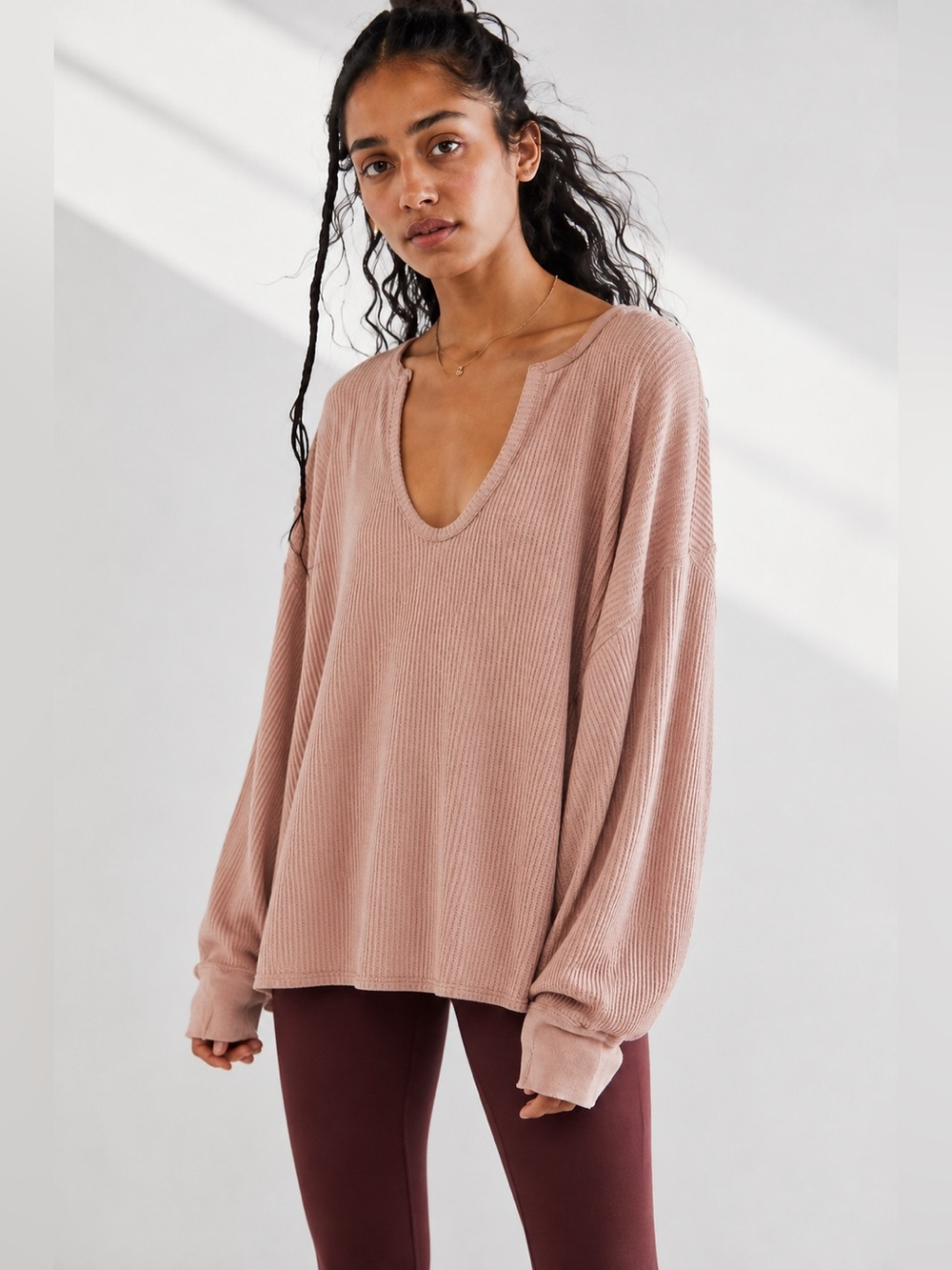 Free People We The Free Oversized Waffle Knit Top – Dusty Rose – Medium